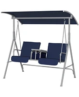 Outsunny 2 Person Porch Swing with Canopy, Table, Storage Console, Blue