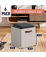 Ornavo Home 6 Pack Collapsible Linen Storage Cube Bin with Leather Handles - 11 Inch