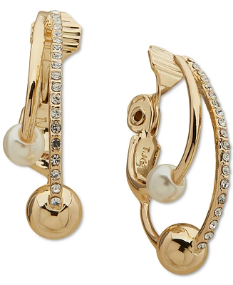 Anne Klein Gold-Tone Sphere, Pave & Imitation Pearl Double-Row Clip-On Hoop Earrings