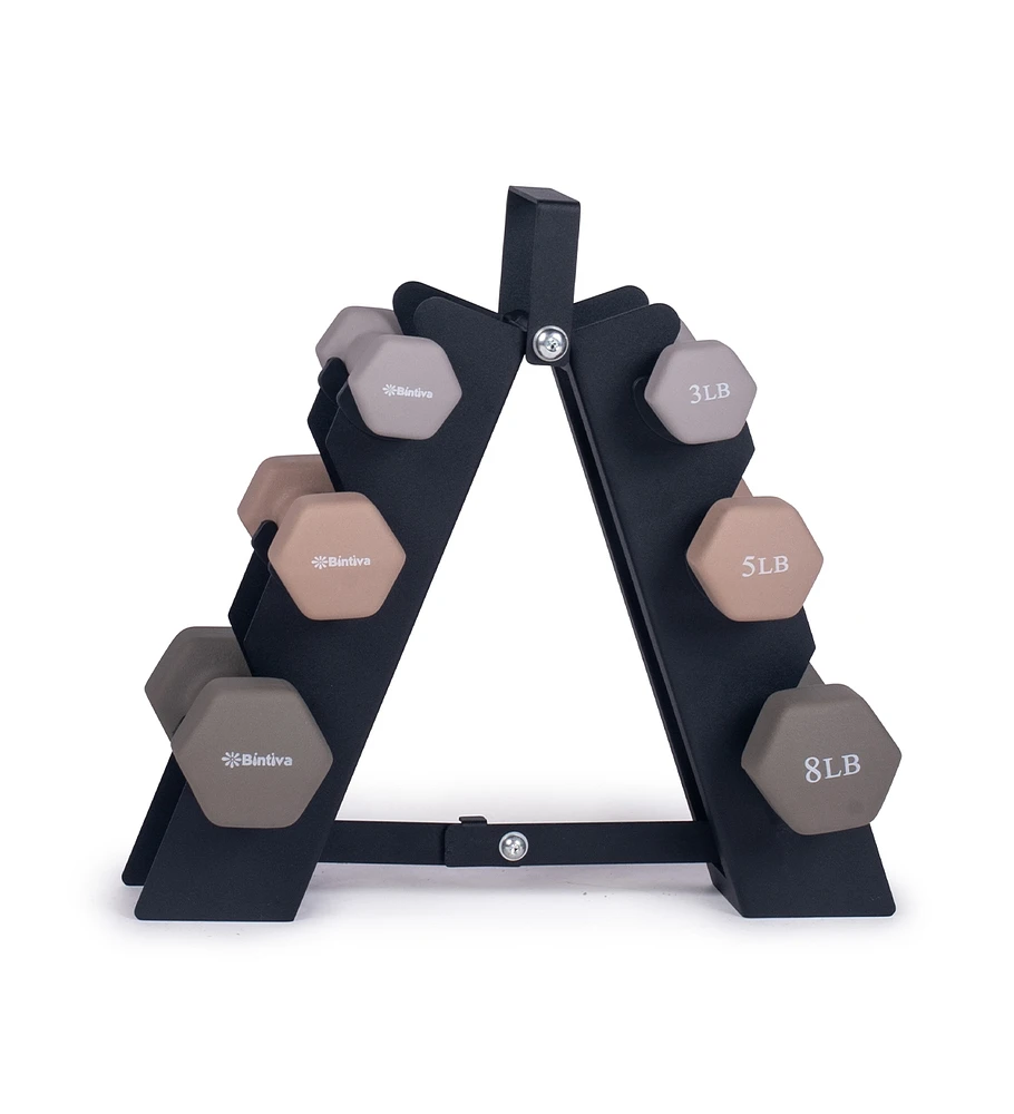 Bintiva Earthtone Dumbbell Kit 3lb,5lb,8lb with 3 Tier Stand