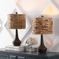 Jonathan Y Theodore 21" Rustic Farmhouse Handwoven Water Hyacinth/Resin Led Table Lamp, Brown Wood Finish (Set of 2)