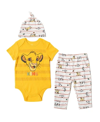 Disney Baby Boys Pixar Toy Story Monsters Inc. Lion King Mickey Mouse Mike Bodysuit Pants and Hat 3 Piece Set Newborn to