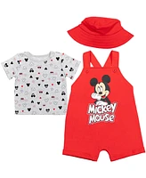 Disney Baby Boys Mickey Mouse French Terry Short Overalls T-Shirt and Hat 3 Piece Outfit Set Newborn to