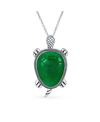 Bling Jewelry Large Nautical Tropical Beach Vacation Green Natural Jade Sea Turtle Pendant Statement Necklace For Women Sterling Silver Oxidized