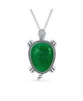 Bling Jewelry Large Nautical Tropical Beach Vacation Green Natural Jade Sea Turtle Pendant Statement Necklace For Women Sterling Silver Oxidized