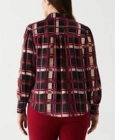 Ella Rafaella Plus Plaid Shirred Split Neck Long Sleeve Blouse