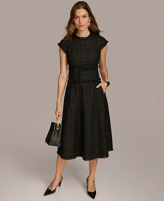 Donna Karan New York Women's Jewel-Neck Fringe-Trim Tweed Dress