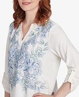 Ruby Rd. Petite V-Neck Floral Placement Embroidered Knit Top