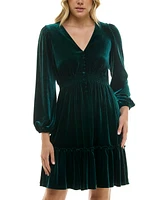 Taylor Petite V-Neck Long-Sleeve Smocked-Waist Velvet Dress