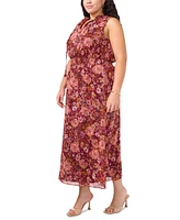 Msk Plus Floral Chiffon Smocked-Waist Tie-Neck Dress