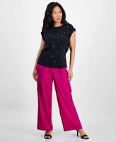 I.n.c. International Concepts Petite Embellished Roll-Sleeve Top, Created for Macy's