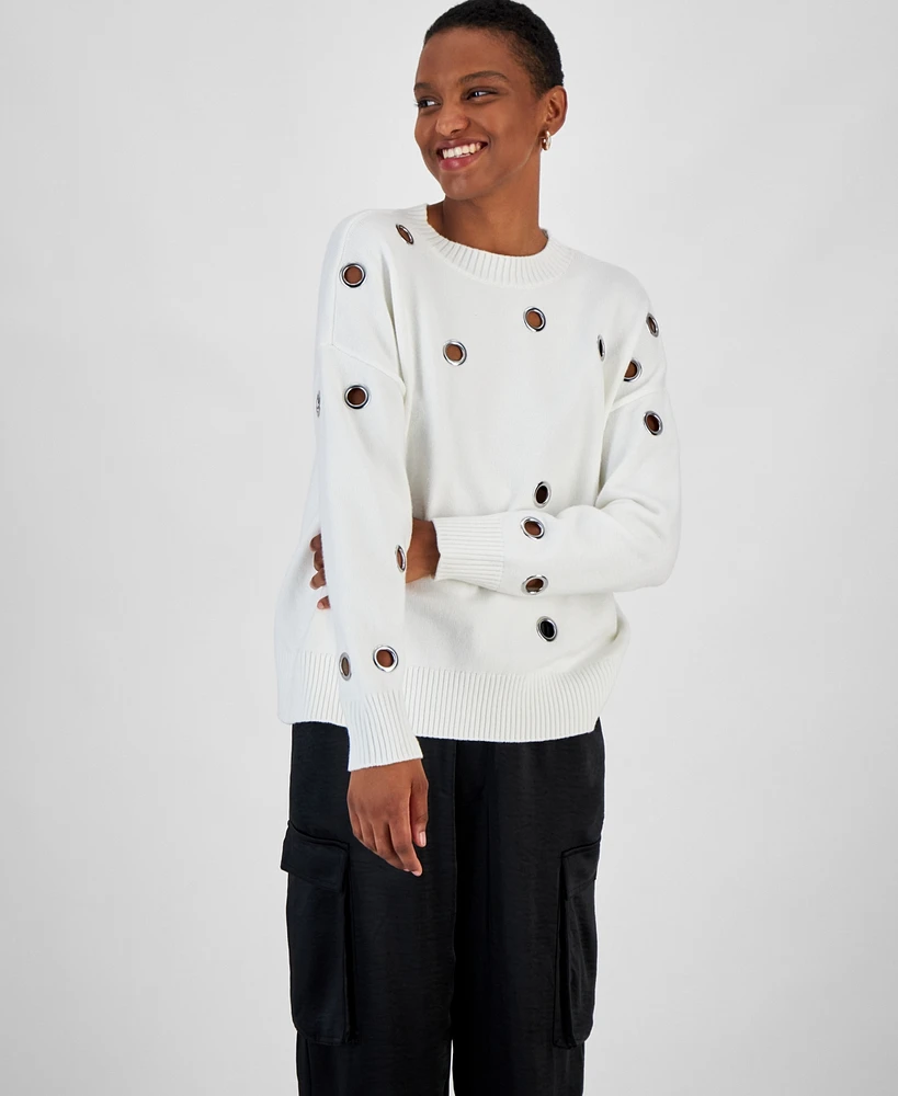 Bar Iii Women's Grommet-Trim Crewneck Sweater, Created for Macy's