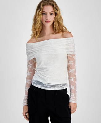 Bar Iii Women's Off-The-Shoulder Lace-Sleeve Top, Created for Macy's