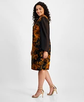 Connected Plus Sheer-Sleeve Printed Velvet Dress