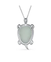 Bling Jewelry Large Nautical Tropical Beach Vacation Light Green Natural Jade Sea Turtle Pendant Statement Necklace For Women Sterling Silver Oxidized