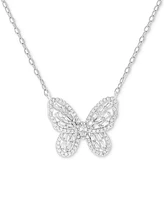 Holiday Lane Cubic Zirconia Butterfly Pendant Necklace in Sterling Silver, 16" + 2" extender, Created for Macy's