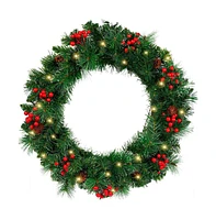 Cowin 24" Lighted Artificial Christmas Wreath with Pine Cones Red Berries