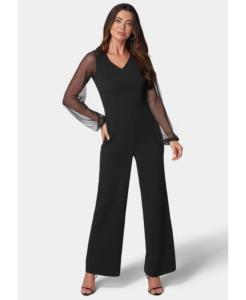 Bebe Women's V-Neck Jumpsuit with Powermesh Sleeve