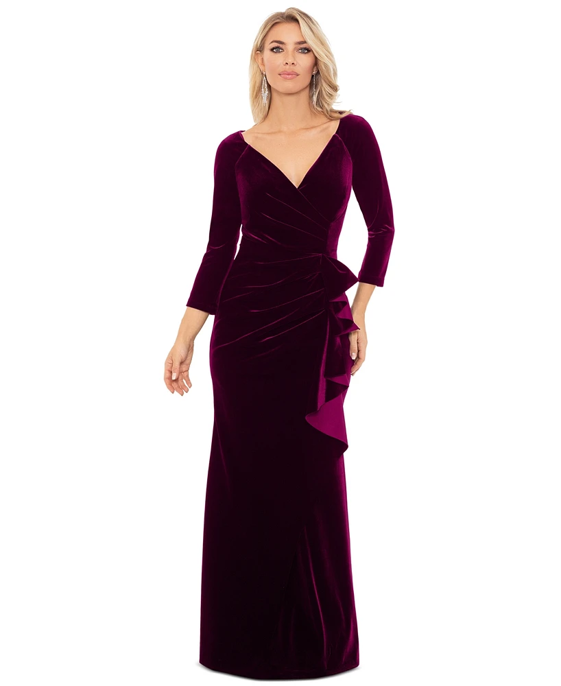 Xscape Women's V-Neck Ruffle-Front Long-Sleeve Gown