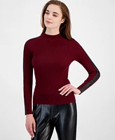 T Tahari Women's Faux-Leather-Trim Ribbed Knit Top