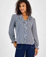 Nautica Jeans Women's Ruffled Striped Anchor-Print Top