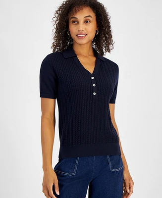 Nautica Jeans Women's Cotton Cable-Knit Short-Sleeve Sweater