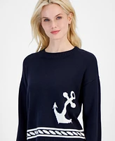 Nautica Jeans Women's Contrast-Anchor Crewneck Sweater