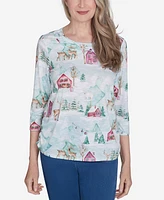 Alfred Dunner Petite Classics Triple Notch Neck Deer Village Top