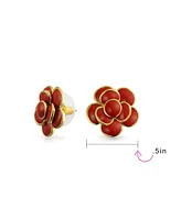 Bling Jewelry Simulated Turquoise Blue Enamel Button Style 3D Rose Flower Spring Retro Stud Earrings For Women Pierced Ears Gold Plated Brass