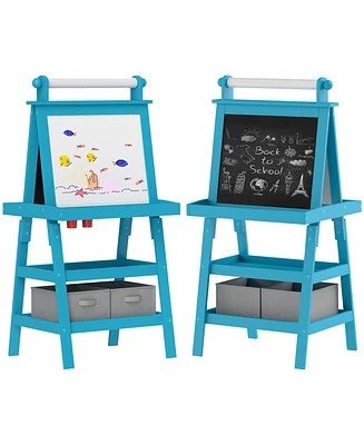 Qaba Easel for Kids w/ Paper Roll, Whiteboard Chalkboard, Blue