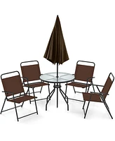 Costway Patiojoy 6 Pcs Patio Dining Set Folding Chairs Glass Table Tilt Umbrella Garden