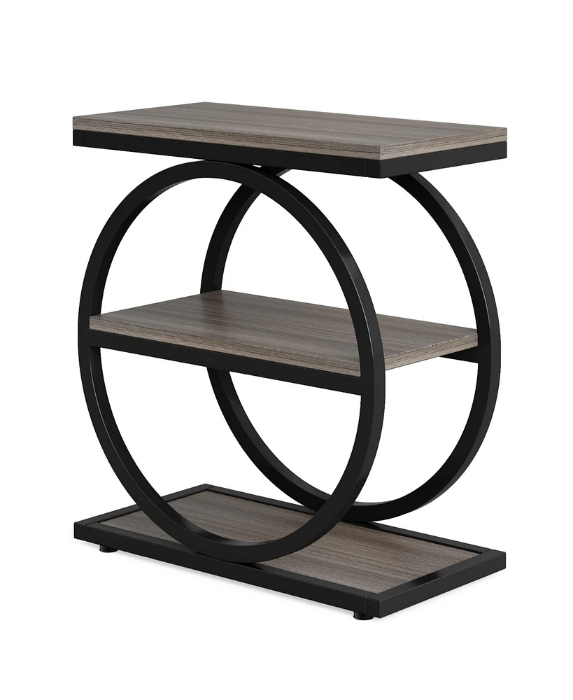 Tribesigns End Table, Narrow Table with 3 Storage Shelves, Wood Side Black Metal Frames