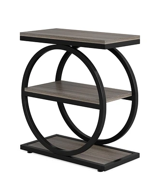 Tribesigns End Table, Narrow Table with 3 Storage Shelves, Wood Side Black Metal Frames