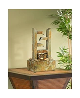 Zigzag Modern Zen Cascading Indoor Tabletop Water Fountain with Light Natural Slate Stone River Rock 17 1/4" for Table Desk