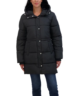 Sebby Collection Women's 3/4 Cozy Lined Hooded Puffer Coat With Drawstring Waist