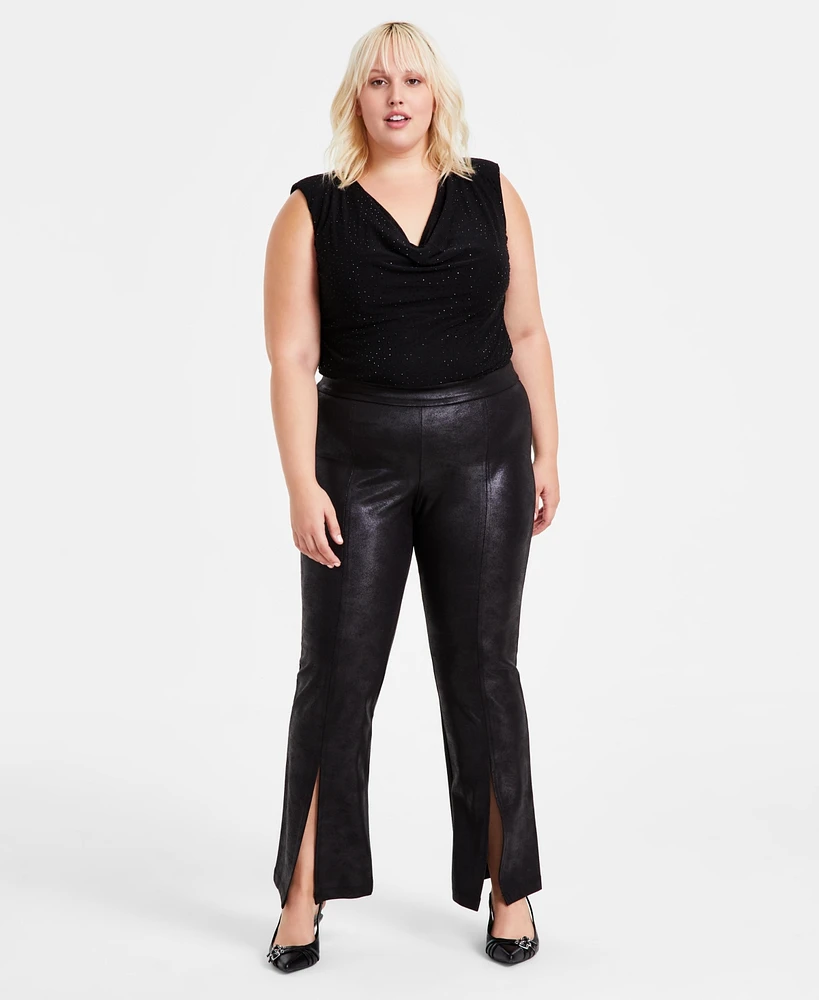 Bar Iii Trendy Plus Coated Split-Front Flared-Leg Pants, Created for Macy's