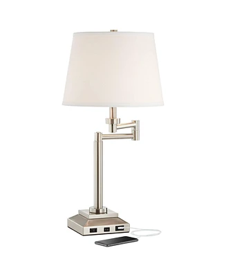 360 Lighting Camber Modern Desk Table Lamp Swing Arm with Hotel Style Usb and Ac Power Outlet in Base 29" Tall Brushed Nickel Linen Shade for Living R