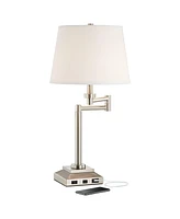 360 Lighting Camber Modern Desk Table Lamp Swing Arm with Hotel Style Usb and Ac Power Outlet in Base 29" Tall Brushed Nickel Linen Shade for Living R