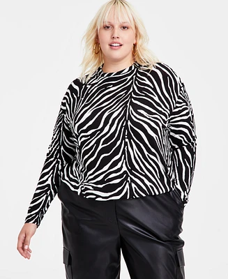 Bar Iii Trendy Plus Zebra-Print Mock Neck Blouson Knit Top, Created for Macy's