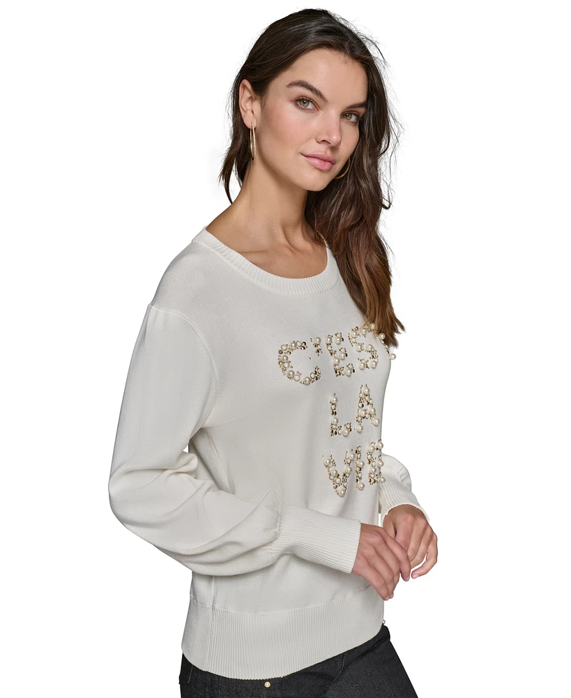 Karl Lagerfeld Paris Petite Beaded C'est La Vie Sweater