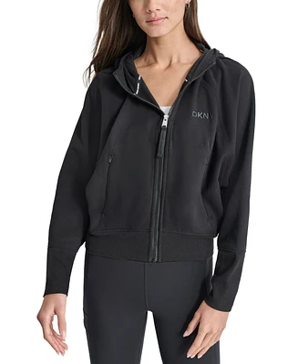 Dkny Women's Embroidered-Logo Cropped Zip-Front Fleece Hoodie