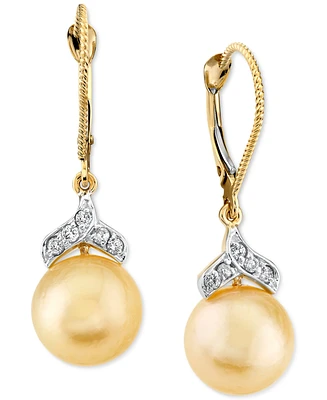 Cultured Golden South Sea Pearl (9mm) & Diamond (1/8 ct. t.w.) Leverback Drop Earrings in 14k Gold