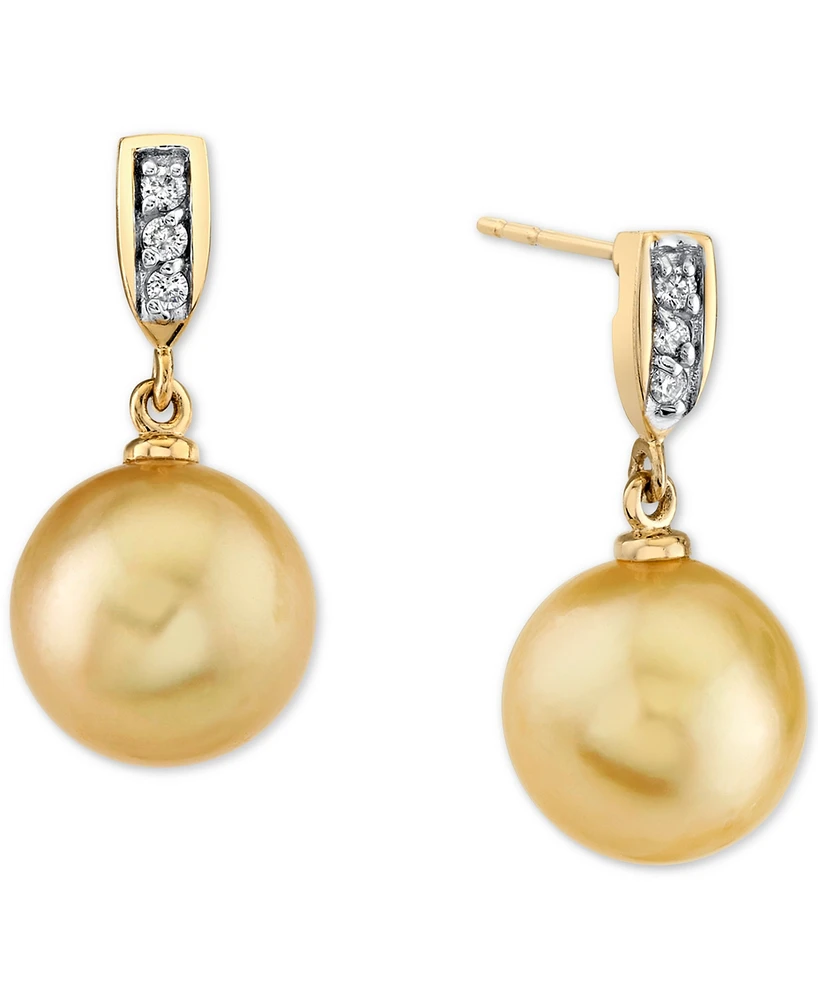 Cultured Golden South Sea Pearl (9mm) & Diamond Accent Drop Earrings in 14k Gold