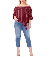 Vince Camuto Plus Striped Off The Shoulder Bubble Sleeve Tie Front Blouse