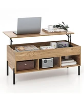 Sugift Living Room Central Table with Lifting Tabletop and Metal Legs-Natural