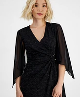 Connected Petite Metallic-Knit Angel-Sleeve Dress