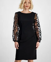 Connected Petite Sheer-Sleeve Applique Sheath Dress