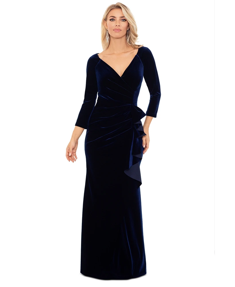 Xscape Petite Ruffled Long-Sleeve Velvet Gown