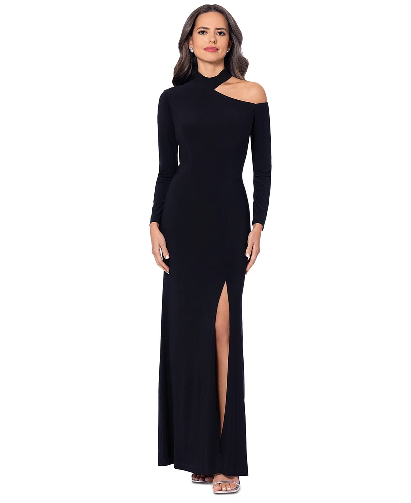 Xscape Women's Collared Cold-Shoulder Long-Sleeve Gown