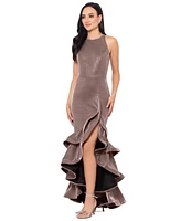 Betsy & Adam Petite Galaxy Glitter Ruffled Gown